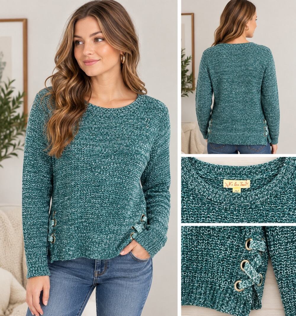 It's Our Time Teal Green Marled Knit Lace-Up Side Sweater Small Cabincore Cozy